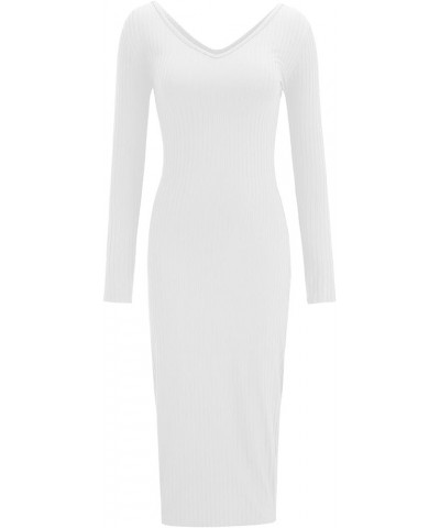 Women's Sweater Dress 2023 Winter Long Sleeve V Neck Slim Fit Bodycon Knit Dress Sexy Solid Tight Ribbed Pullover Dress White...