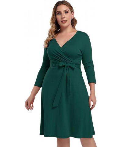 Womens V-Neck 3/4 Sleeve A Line Midi Faux Wrap Plus Size Cocktail Party Swing Dress Dark Green $8.54 Activewear