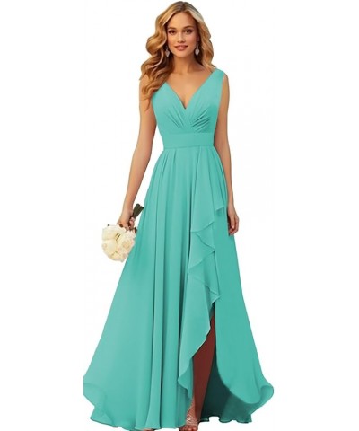 V Neck Chiffon Bridesmaid Dresses for Wedding Long Formal Evening Gown with Ruffle Slit Turquoise $28.41 Dresses