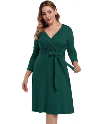 Womens V-Neck 3/4 Sleeve A Line Midi Faux Wrap Plus Size Cocktail Party Swing Dress Dark Green $8.54 Activewear