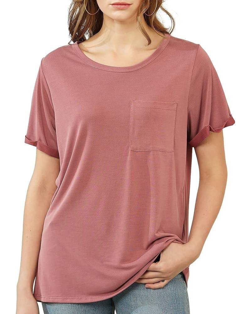 Women's Cupro Modal Basic Casual Rolled Short Sleeve Scoop Neck Tunic T-Shirts 1020 / Terracota $9.23 Tops