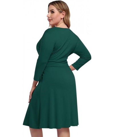 Womens V-Neck 3/4 Sleeve A Line Midi Faux Wrap Plus Size Cocktail Party Swing Dress Dark Green $8.54 Activewear