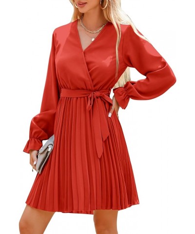 Women's 2024 Spring Casual Long Sleeve Wrap V Neck Pleated Mini Dress Tie Waist Flowy Wedding Guest Dresses Orange $11.59 Dre...