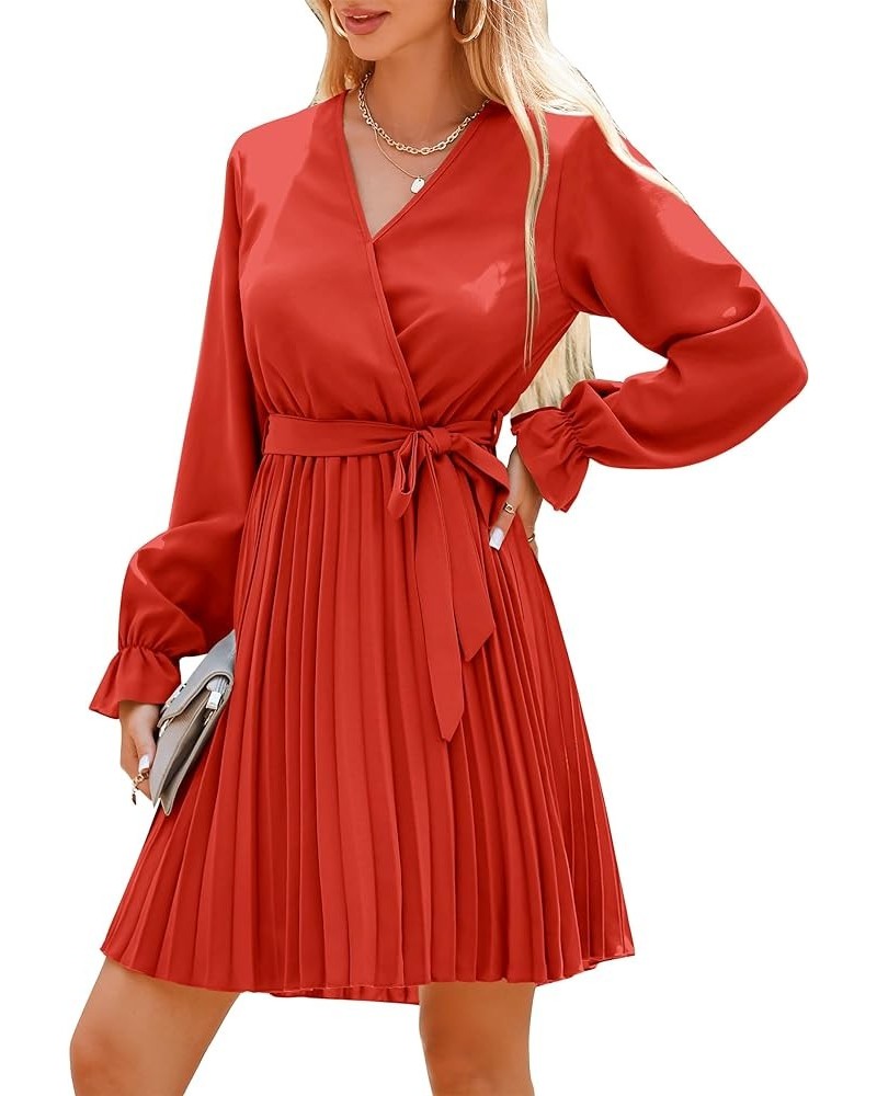 Women's 2024 Spring Casual Long Sleeve Wrap V Neck Pleated Mini Dress Tie Waist Flowy Wedding Guest Dresses Orange $11.59 Dre...