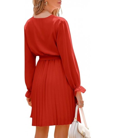 Women's 2024 Spring Casual Long Sleeve Wrap V Neck Pleated Mini Dress Tie Waist Flowy Wedding Guest Dresses Orange $11.59 Dre...