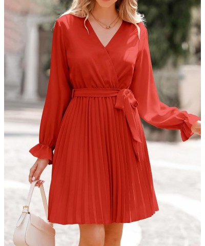 Women's 2024 Spring Casual Long Sleeve Wrap V Neck Pleated Mini Dress Tie Waist Flowy Wedding Guest Dresses Orange $11.59 Dre...