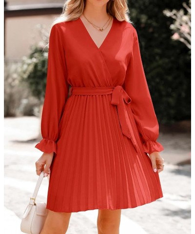 Women's 2024 Spring Casual Long Sleeve Wrap V Neck Pleated Mini Dress Tie Waist Flowy Wedding Guest Dresses Orange $11.59 Dre...