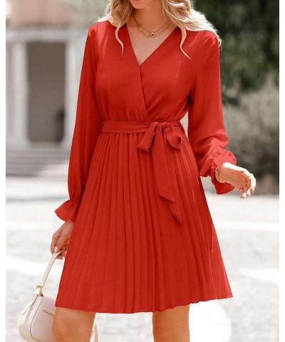 Women's 2024 Spring Casual Long Sleeve Wrap V Neck Pleated Mini Dress Tie Waist Flowy Wedding Guest Dresses Orange $11.59 Dre...