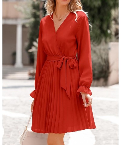 Women's 2024 Spring Casual Long Sleeve Wrap V Neck Pleated Mini Dress Tie Waist Flowy Wedding Guest Dresses Orange $11.59 Dre...