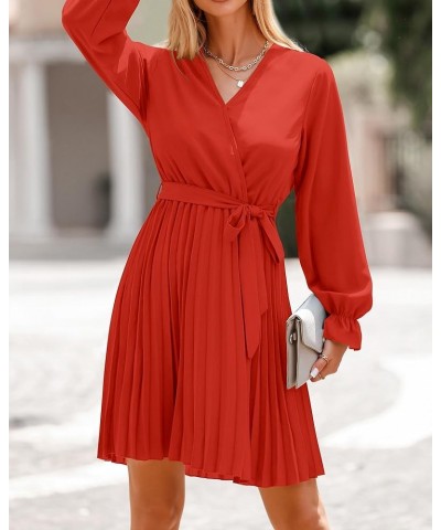 Women's 2024 Spring Casual Long Sleeve Wrap V Neck Pleated Mini Dress Tie Waist Flowy Wedding Guest Dresses Orange $11.59 Dre...