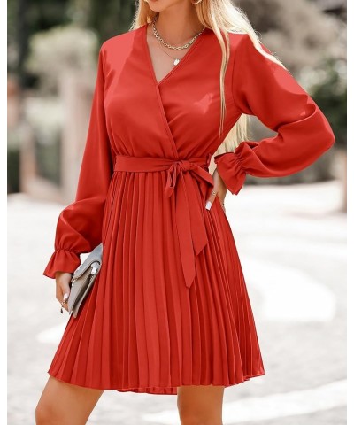 Women's 2024 Spring Casual Long Sleeve Wrap V Neck Pleated Mini Dress Tie Waist Flowy Wedding Guest Dresses Orange $11.59 Dre...