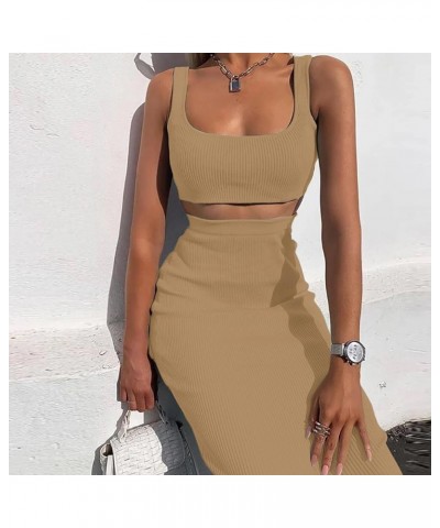 Skirt Sets Women 2 Piece Outfits Sexy Bodycon Tank Square Neck Ribbed Sexy Two Piece Outfit Party Dress for Women B Khaki $24...