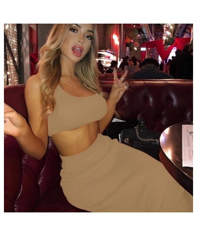 Skirt Sets Women 2 Piece Outfits Sexy Bodycon Tank Square Neck Ribbed Sexy Two Piece Outfit Party Dress for Women B Khaki $24...