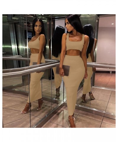 Skirt Sets Women 2 Piece Outfits Sexy Bodycon Tank Square Neck Ribbed Sexy Two Piece Outfit Party Dress for Women B Khaki $24...