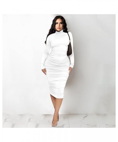 Women's Sexy Ruched Bodycon Dress Elegant Mock Neck Midi Dress Long Sleeve Party Pencil Dresses S XXL White $15.75 Dresses