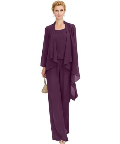 Mother of The Bride Dresses 3 Pieces Pants Suits Chiffon Outfit Mother of The Groom Dresses with Jacket Grape $33.86 Suits