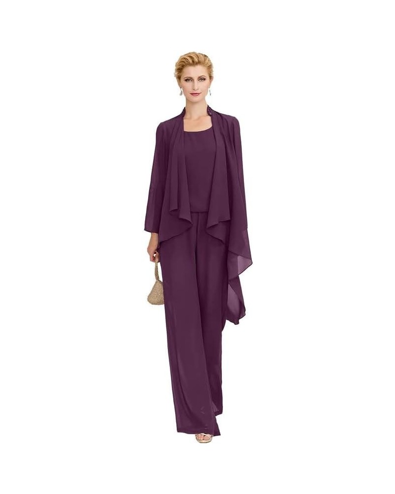 Mother of The Bride Dresses 3 Pieces Pants Suits Chiffon Outfit Mother of The Groom Dresses with Jacket Grape $33.86 Suits