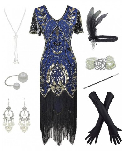 Women 1920S Sleeve Fringed Gatsby Flapper Prom Dress W/Accessories Gold Blue $35.94 Dresses