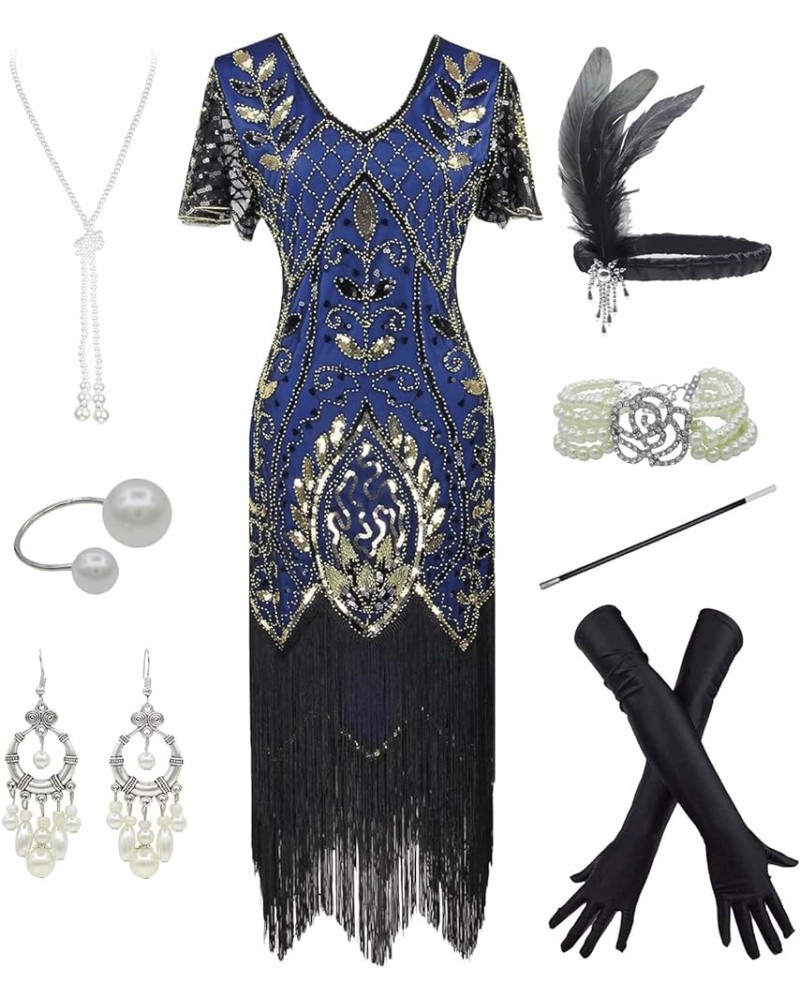 Women 1920S Sleeve Fringed Gatsby Flapper Prom Dress W/Accessories Gold Blue $35.94 Dresses