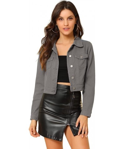 Women's Denim Crop Jackets Button Down Plaid Cuffs Jean Jacket with Pockets Gray $25.64 Jackets