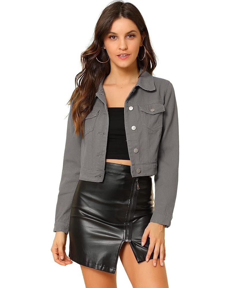 Women's Denim Crop Jackets Button Down Plaid Cuffs Jean Jacket with Pockets Gray $25.64 Jackets