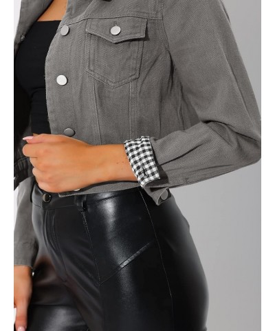 Women's Denim Crop Jackets Button Down Plaid Cuffs Jean Jacket with Pockets Gray $25.64 Jackets