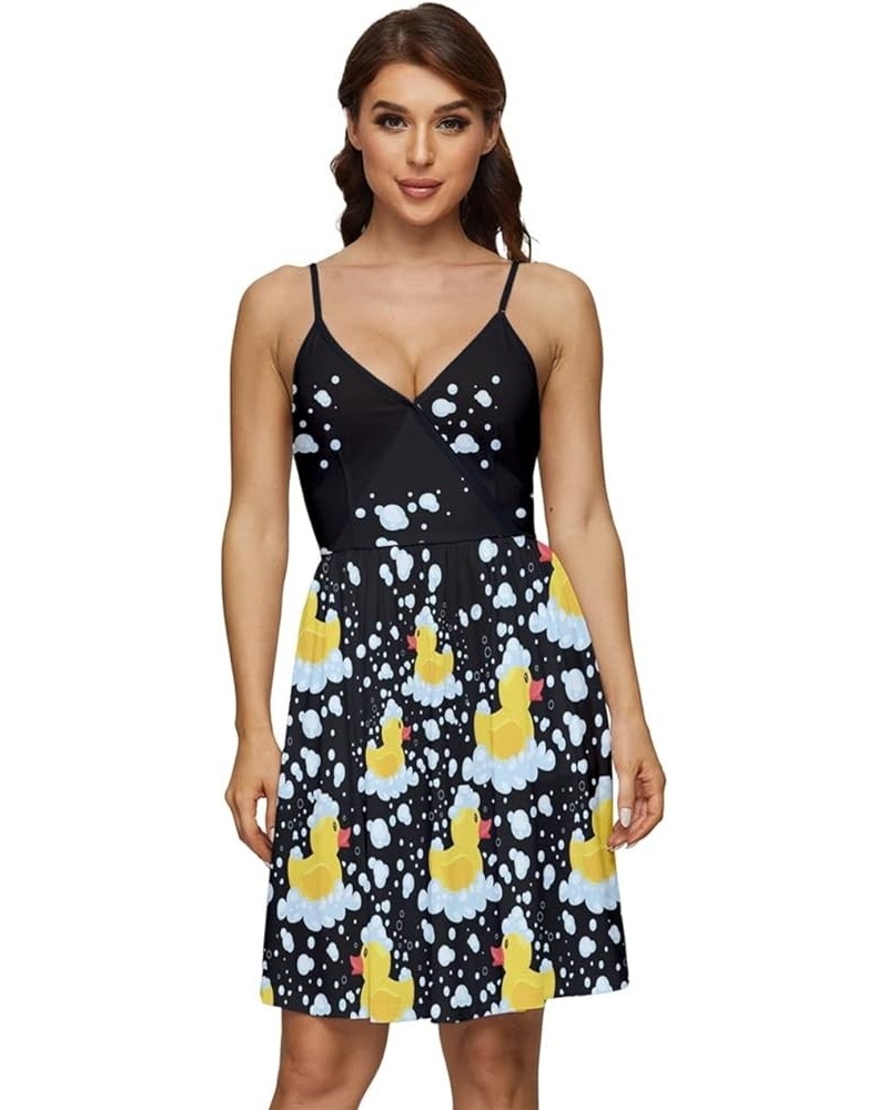 Womens V-Neck Pocket Summer Dress Cute Pattern Yellow Ducks Duckling Cap Sleeve Dress, XS-5XL V-neck Black $17.39 Dresses