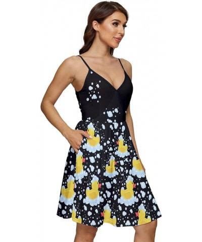 Womens V-Neck Pocket Summer Dress Cute Pattern Yellow Ducks Duckling Cap Sleeve Dress, XS-5XL V-neck Black $17.39 Dresses