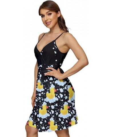 Womens V-Neck Pocket Summer Dress Cute Pattern Yellow Ducks Duckling Cap Sleeve Dress, XS-5XL V-neck Black $17.39 Dresses