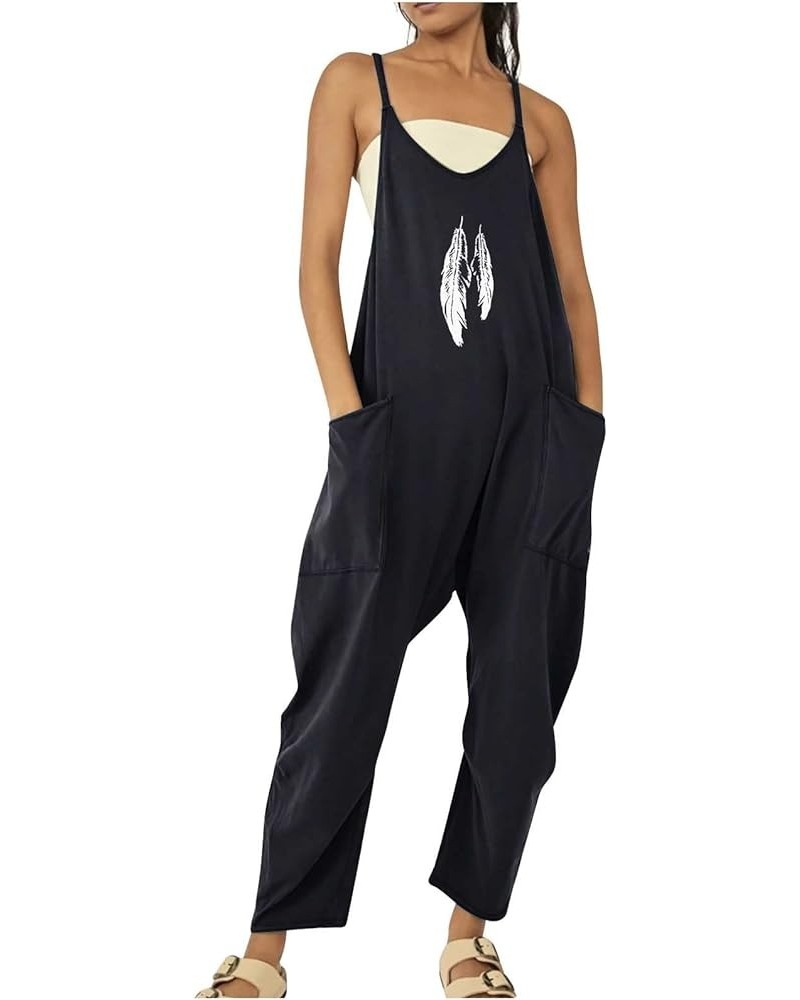 Womens Summer Baggy Jumpsuits Casual Loose Summer Sleeveless Printed Harem Pants Romper With Pockets Bib Overalls D-black(fea...