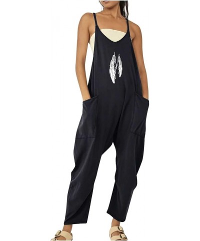 Womens Summer Baggy Jumpsuits Casual Loose Summer Sleeveless Printed Harem Pants Romper With Pockets Bib Overalls D-black(fea...