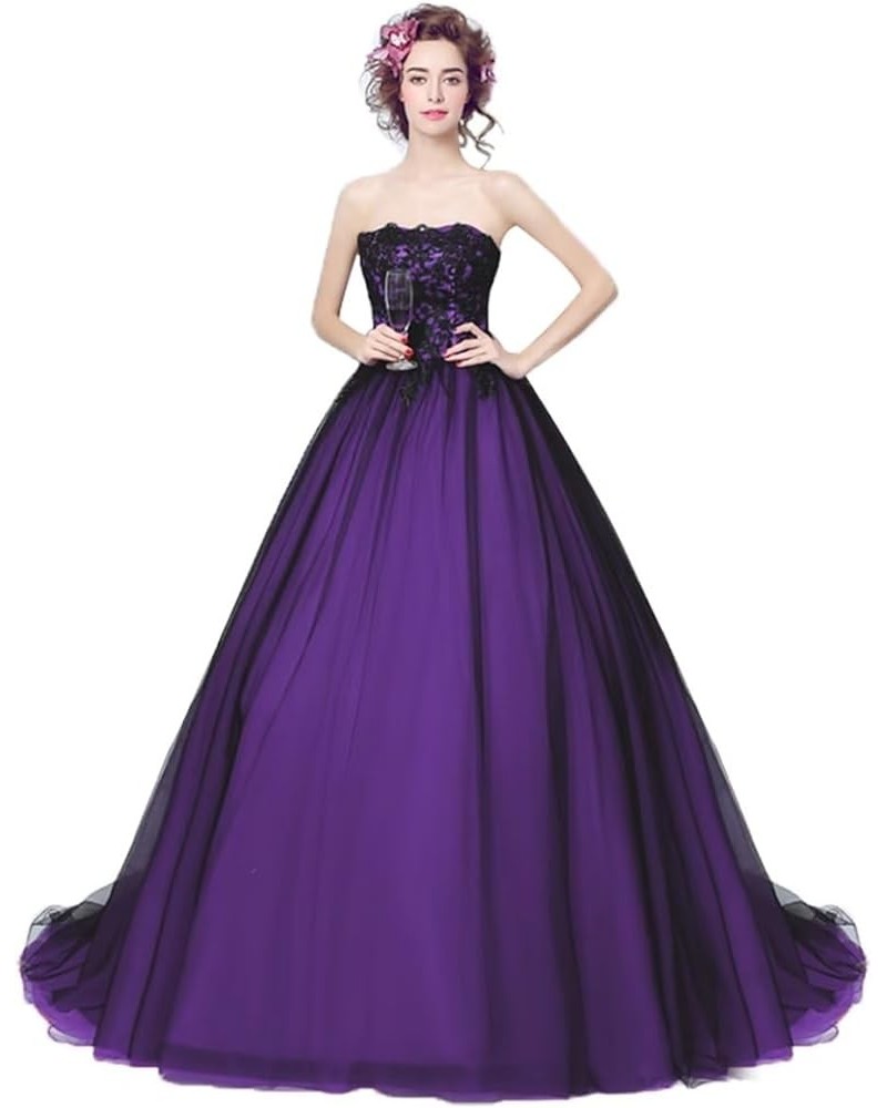 Gothic Black Lace Long Tulle Prom Wedding Dresses Formal Ball Gowns for Women Purple/No Train $64.19 Dresses