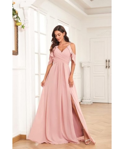 Off Shoulder Chiffon Bridesmaid Dresses for Wedding with Slit Cold Shoulder Prom Dress Pleated Wedding Party Gown White $25.8...