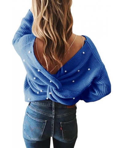 Women's Casual V Neck Criss Cross Backless Long Batwing Sleeve Loose Knitted Sweater Pullovers B-pearl Blue-13643 $18.47 Swea...