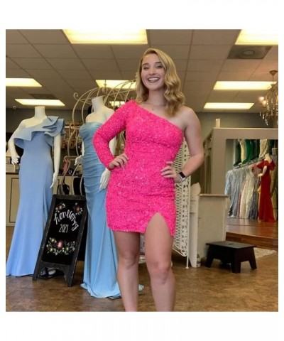 One Shoulder Sequin Homecoming Dresses Short for Teens One Sleeve Tight Sparkly Prom Cocktail Gowns Aqua-long Sleeve $24.47 D...