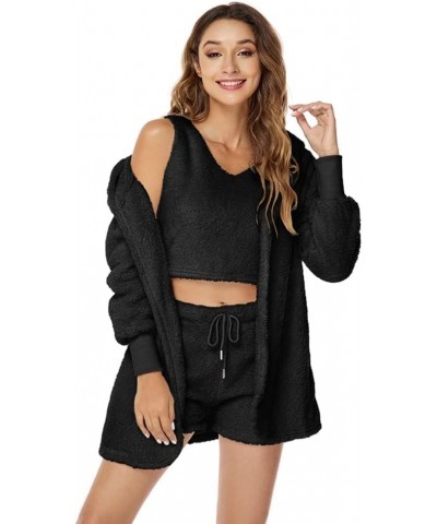 Sherpa Hooded Cardigan Outwear Crop Tops Shorts Nightwear Set, Women Sexy Warm Fuzzy 3 Piece Outfits Pajamas Vest Same Color ...