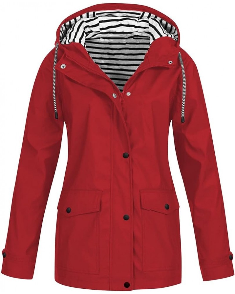 Rain Jacket Women,Lightweight Long Sleeve Raincoat Outdoor Hooded Waterproof Jacket Windbreaker Zip Up Trench B-red $11.57 Ja...