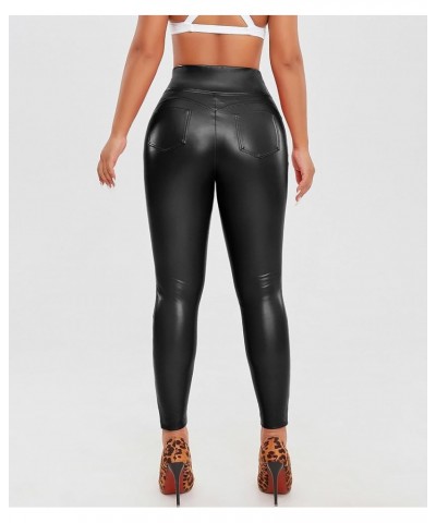 Fleece Lined Leather Pants for Women Faux Leather Leggings Butt Lifting Black Sexy High Waisted Wet Look Tights A-faux Pocket...