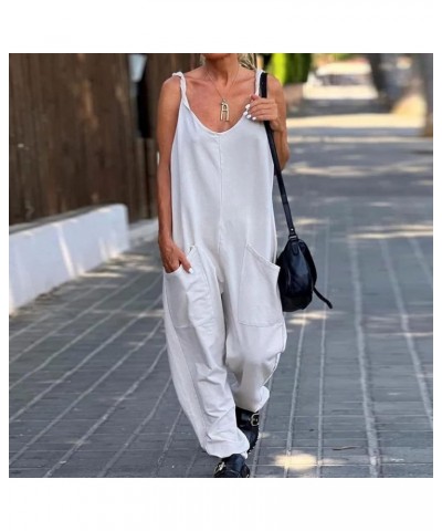 Women's Overalls Casual Shoulder Strap Loose Casual Overalls Resort Solid Jumpsuit with Pockets Work Overalls White $9.46 Ove...