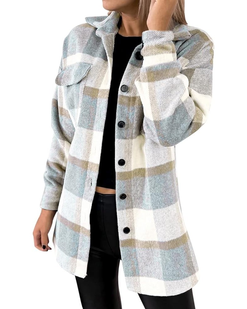 Womens Plaid Shacket Jacket Casual Wool Blend Long Sleeve Warm Coat Button Down Peacoats Flannel Lapel Jacket Outfits 01shack...