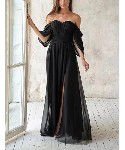 Women's Formal Dresses Plus Size Black Bridesmaid Dresses Off The Shoulder Chiffon Wedding Guest Dresses with Slit Bright Yel...