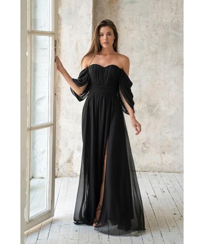 Women's Formal Dresses Plus Size Black Bridesmaid Dresses Off The Shoulder Chiffon Wedding Guest Dresses with Slit Bright Yel...