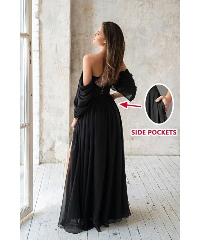 Women's Formal Dresses Plus Size Black Bridesmaid Dresses Off The Shoulder Chiffon Wedding Guest Dresses with Slit Bright Yel...