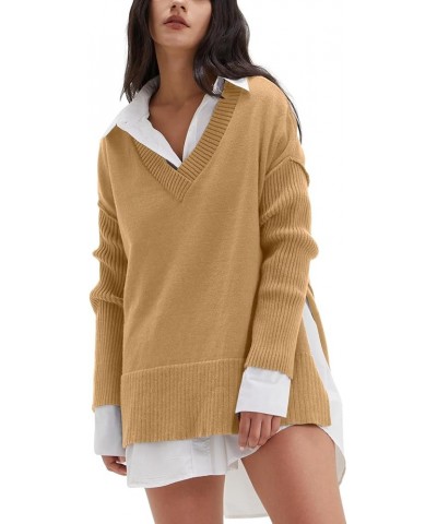 Women's V Neck Oversized Sweaters Long Batwing Sleeve Split Hem Pullover Asymmetric Loose Casual Knit Tops Khaki $25.64 Sweaters