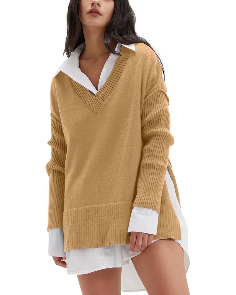 Women's V Neck Oversized Sweaters Long Batwing Sleeve Split Hem Pullover Asymmetric Loose Casual Knit Tops Khaki $25.64 Sweaters