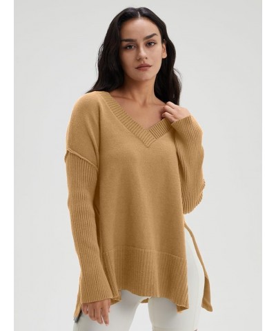 Women's V Neck Oversized Sweaters Long Batwing Sleeve Split Hem Pullover Asymmetric Loose Casual Knit Tops Khaki $25.64 Sweaters