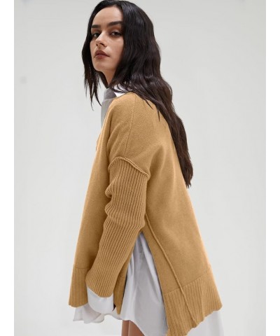 Women's V Neck Oversized Sweaters Long Batwing Sleeve Split Hem Pullover Asymmetric Loose Casual Knit Tops Khaki $25.64 Sweaters