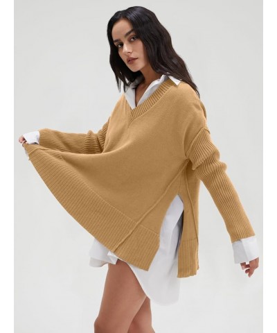 Women's V Neck Oversized Sweaters Long Batwing Sleeve Split Hem Pullover Asymmetric Loose Casual Knit Tops Khaki $25.64 Sweaters