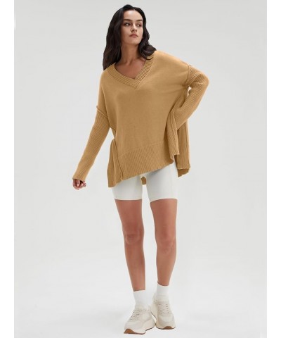 Women's V Neck Oversized Sweaters Long Batwing Sleeve Split Hem Pullover Asymmetric Loose Casual Knit Tops Khaki $25.64 Sweaters