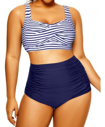 Women Plus Size High Waisted Bikini Two Piece Tummy Control Swimsuits Twist Front Retro Bathing Suits with Ruched Bottom Blue...